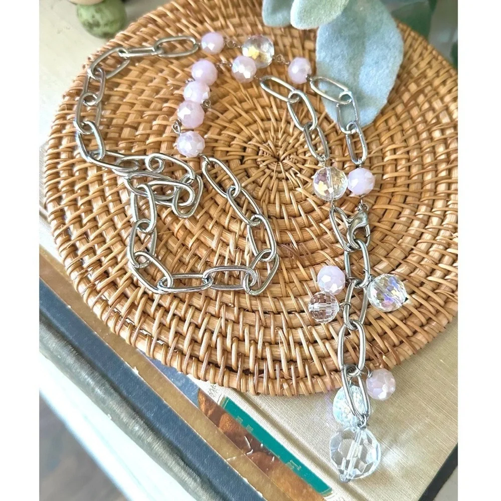 Silver-tone oval link chain accents, soft light pink faceted beads